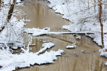 Small stream in snowy winter forest nature