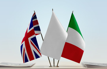 Flags of Great Britain and Italy with a white flag in the middle