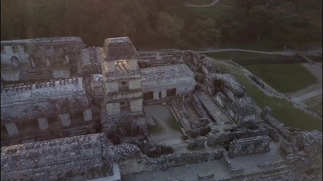 An aerial view over Palenque Mayan pyramids in Mexico.