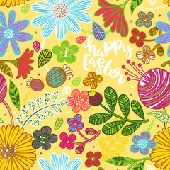 Happy easter. Seamless vector pattern (background). Flowers and leaves.