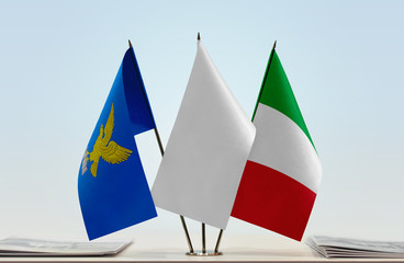 Flags of Friuli-Venezia Giulia and Italy with a white flag in the middle