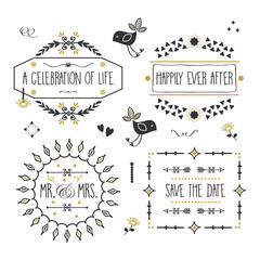 Black and golden wedding message banners and embelms set on white background