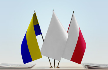 Flags of Upper Silesia and Poland with a white flag in the middle