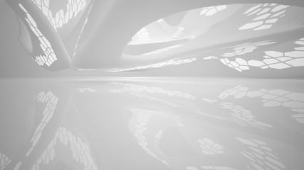 Abstract parametric white interior with neon lighting. 3D illustration and rendering.