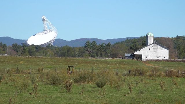 Establishing shot of Green Bank Observatory readio telescope in West Virginia.