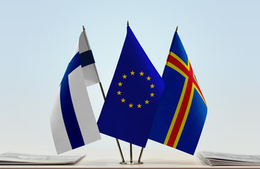 Flags of Finland European Union and Aland