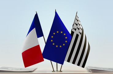 Flags of France European Union and Brittany