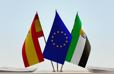 Flags of Spain European Union and Extremadura