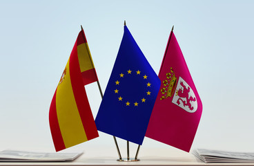 Flags of Spain European Union and Leon