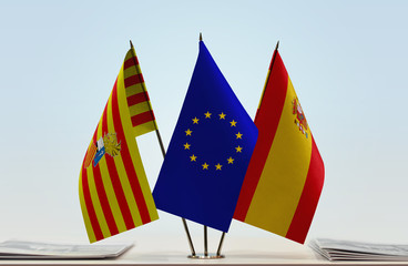 Flags of Valencian Country European Union and Spain