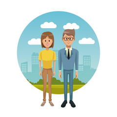 Young couple at park round icon vector illustration graphic design