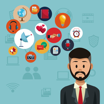 Businessman with social media icons vector illustration graphic design