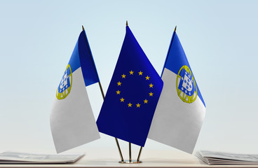 Two flags of Portugalicia and European Union flag between