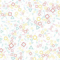 Geometric seamless pattern from different shapes. Triangle circle square line zigzag. Abstract repeating background. Vector illustration