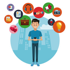 Man with smartphone on social media vector illustration graphic design