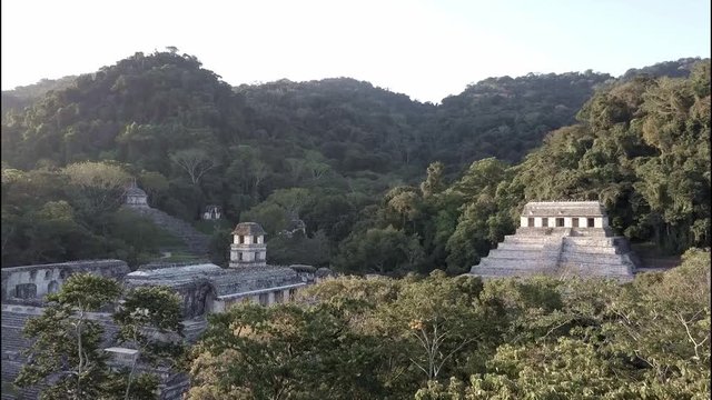 An aerial view over Palenque Mayan pyramids in Mexico.