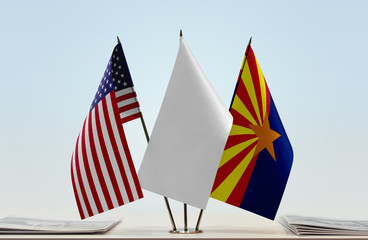 Flags of USA and Arizona with a white flag in the middle