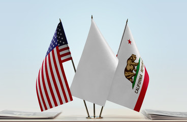 Flags of USA and California with a white flag in the middle