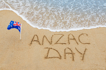 Words Anzac day  on the sand