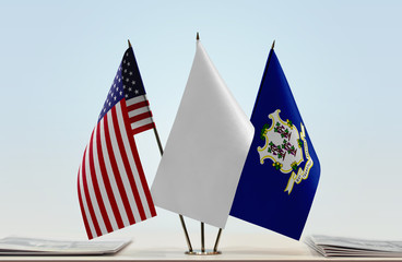 Flags of USA and Connecticut with a white flag in the middle