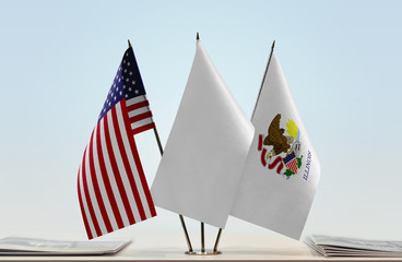 Flags of USA and Illinois with a white flag in the middle