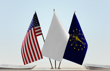 Flags of USA and Indiana with a white flag in the middle