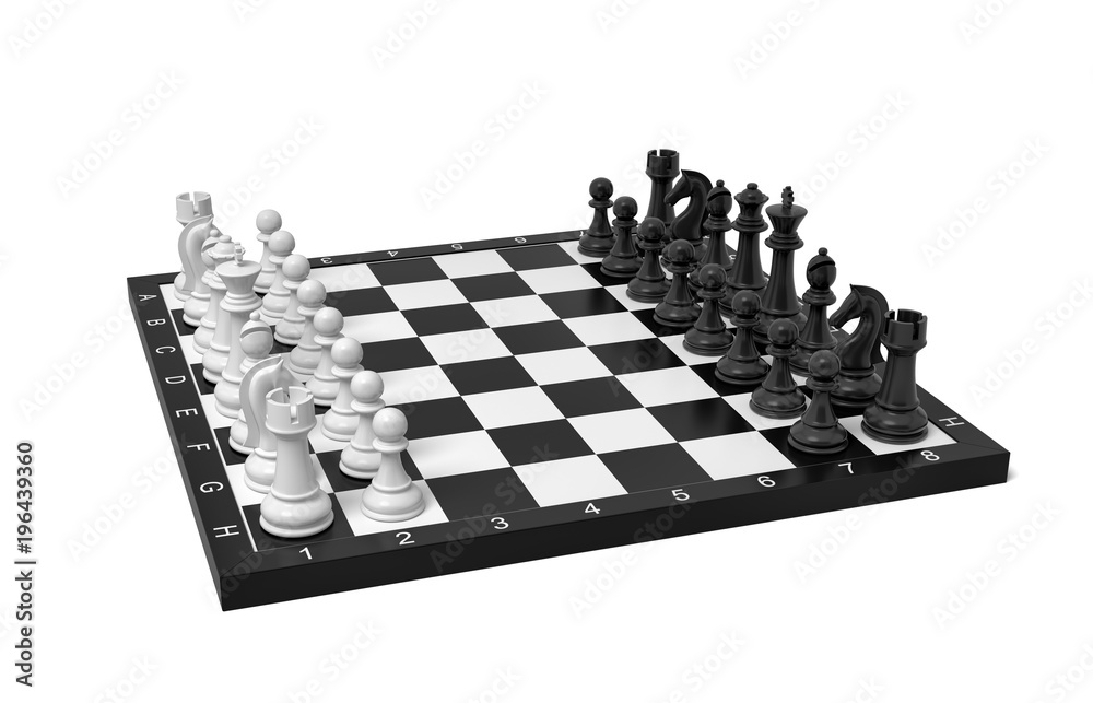 Poster 3d rendering of a chess board with a full set of figures in the starting position.