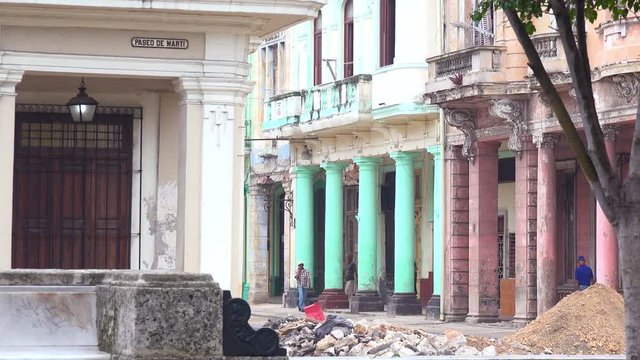 A small neighborhood of colorful buildings in the old city Havana, Cuba.