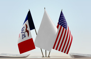 Flags of Iowa and USA with a white flag in the middle