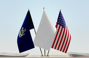 Flags of Maine and USA with a white flag in the middle