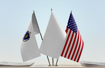 Flags of Massachusetts and USA with a white flag in the middle