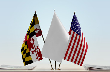 Flags of Maryland and USA with a white flag in the middle