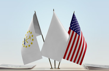 Flags of Rhode Island and USA with a white flag in the middle