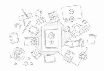 Drawn image of work table with objects