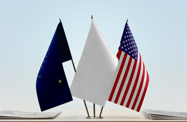 Flags of Alaska and USA with a white flag in the middle