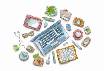 Drawn image of work table with objects