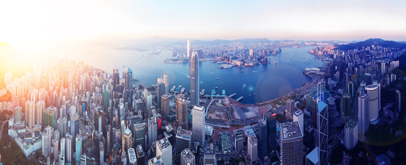 Naklejka premium Hongkong widok na miasto z nieba