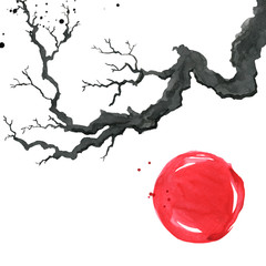 Tree branch in Japanese painting style. Traditional Beautiful watercolor hand drawn illustration