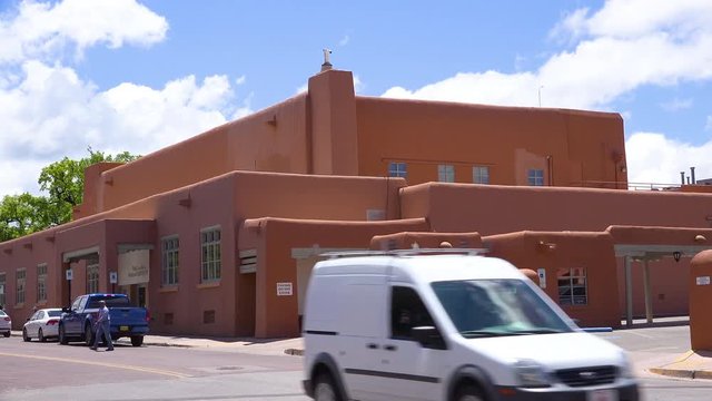 Establishing shot of an adobe building in Santa Fe, New Mexico.
