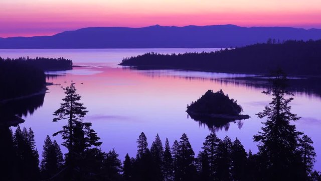 A beautiful dawn establishing shot of Emerald Bay at Lake Tahoe.
