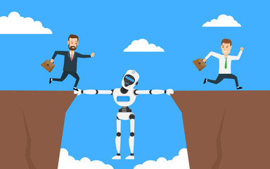robot humanoid hanging between cliffs running businessmen