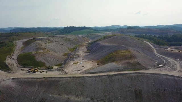An aerial over a mountaintop removal coal strip mine in West Virginia.
