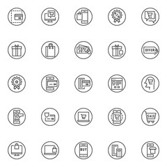 Ecommerce outline icons set. linear style symbols collection, line signs pack. vector graphics. Set includes icons as credit card, computer display with shopping cart, mobile payments, calculator