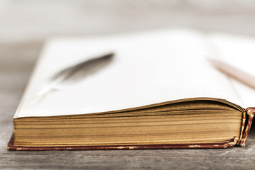 Pigeon feather with book and pencil on the wooden texture background.