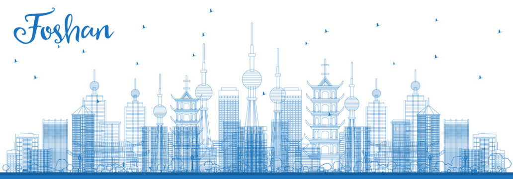 Outline Foshan China City Skyline with Blue Buildings.