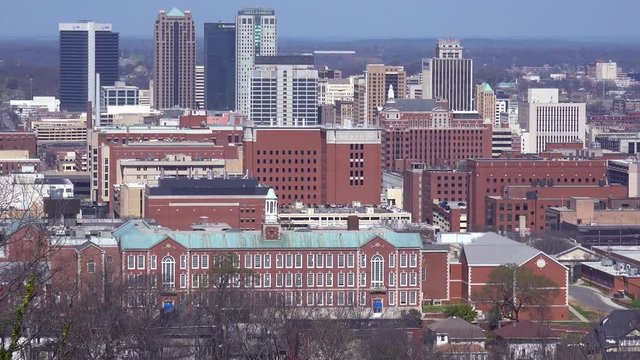 Establishing shot of the skyline of downtown Birmingham, Alabama.