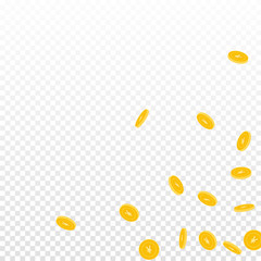 Chinese yuan coins falling. Scattered sparse CNY coins on transparent background. Unusual scattered bottom right corner vector illustration. Jackpot or success concept.