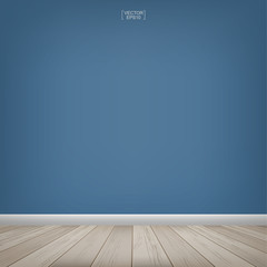 Empty wooden room space with blue concrete wall background. Vector illustration.