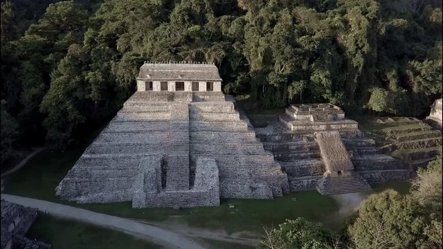An excellent aerial view over Palenque Mayan pyramids in Mexico.