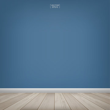 Empty wooden room space with blue concrete wall background. Vector illustration.